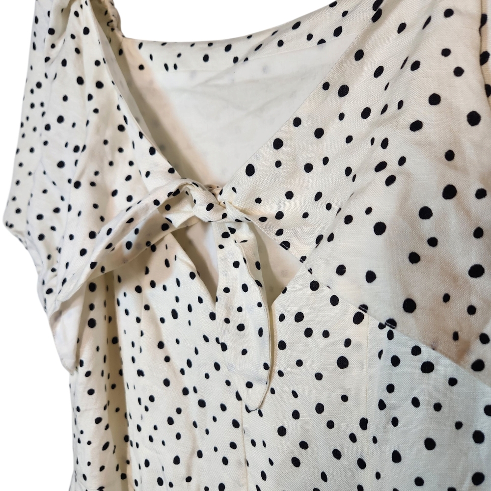 LOFT White Black Polka Dot Linen Puff Sleeve Cut-Out Tie Back Flare‎ Dress 14 - Picture 9 of 16